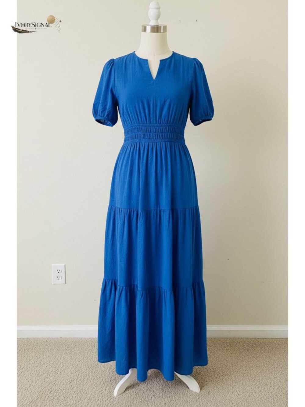 Women's Cotton Maxi Dress Puff Sleeve V Neck Smocked Casual Sundress